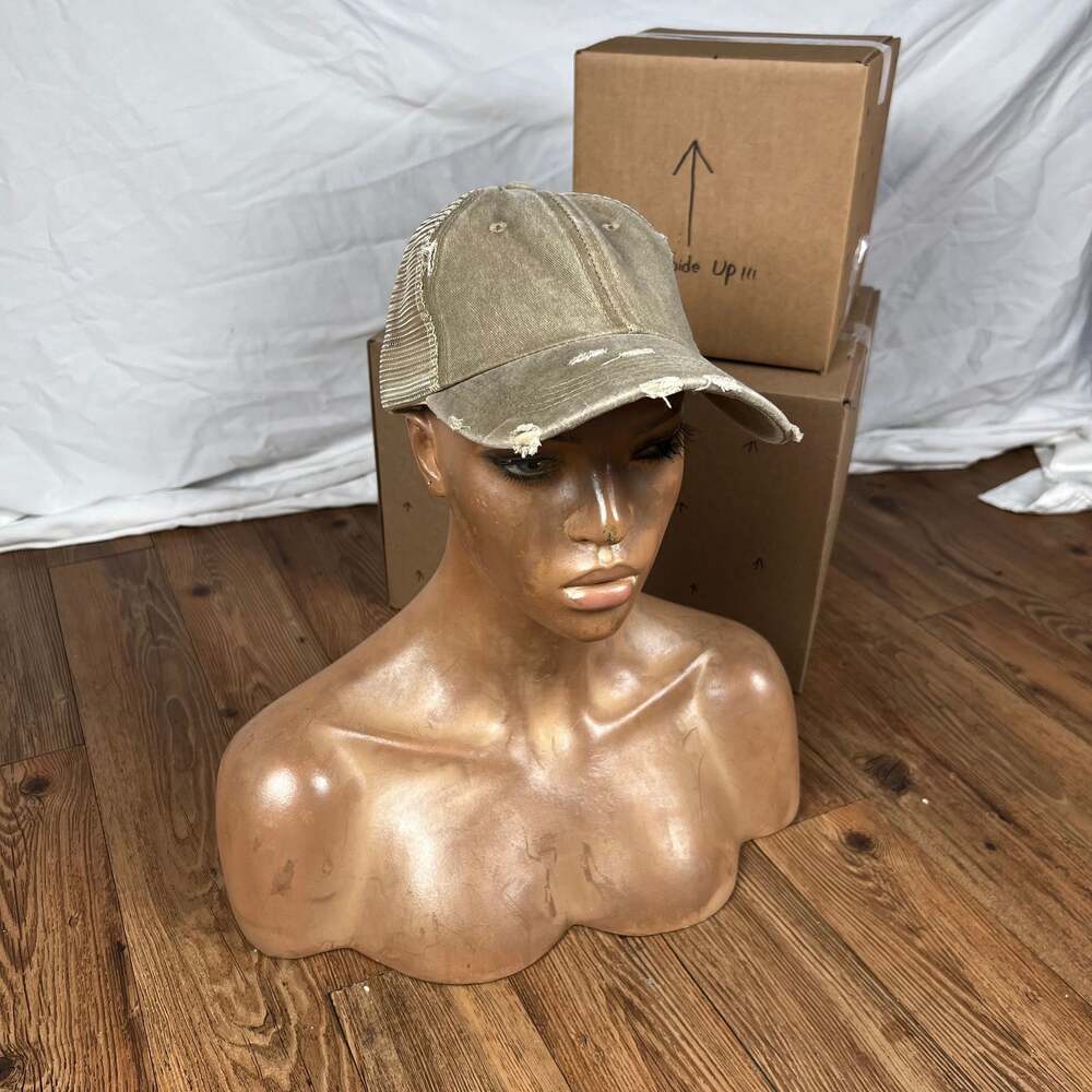 Distressed Brown Baseball Cap with Criss-Cross Back